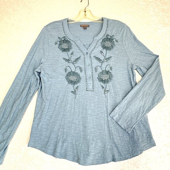STYLE & CO Boho T-Shirt S Womens L Steel Blue Embroidered Henley V-Neck Cotton - Picture 1 of 13